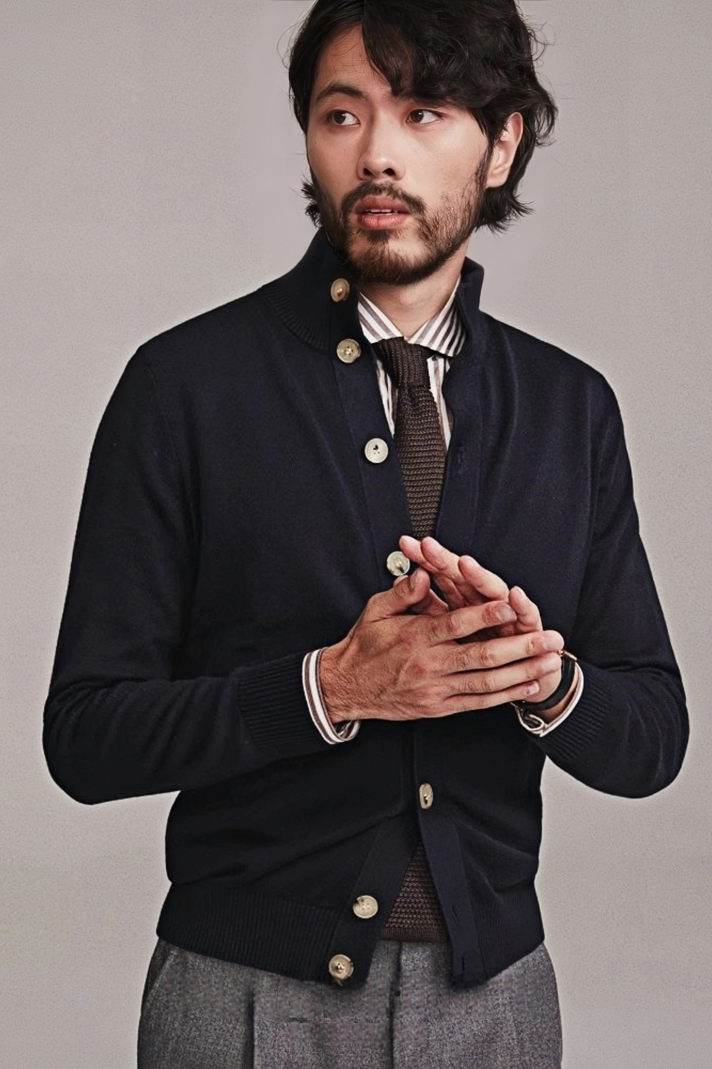 Jasper navy-blue standing-collar knitted jacket