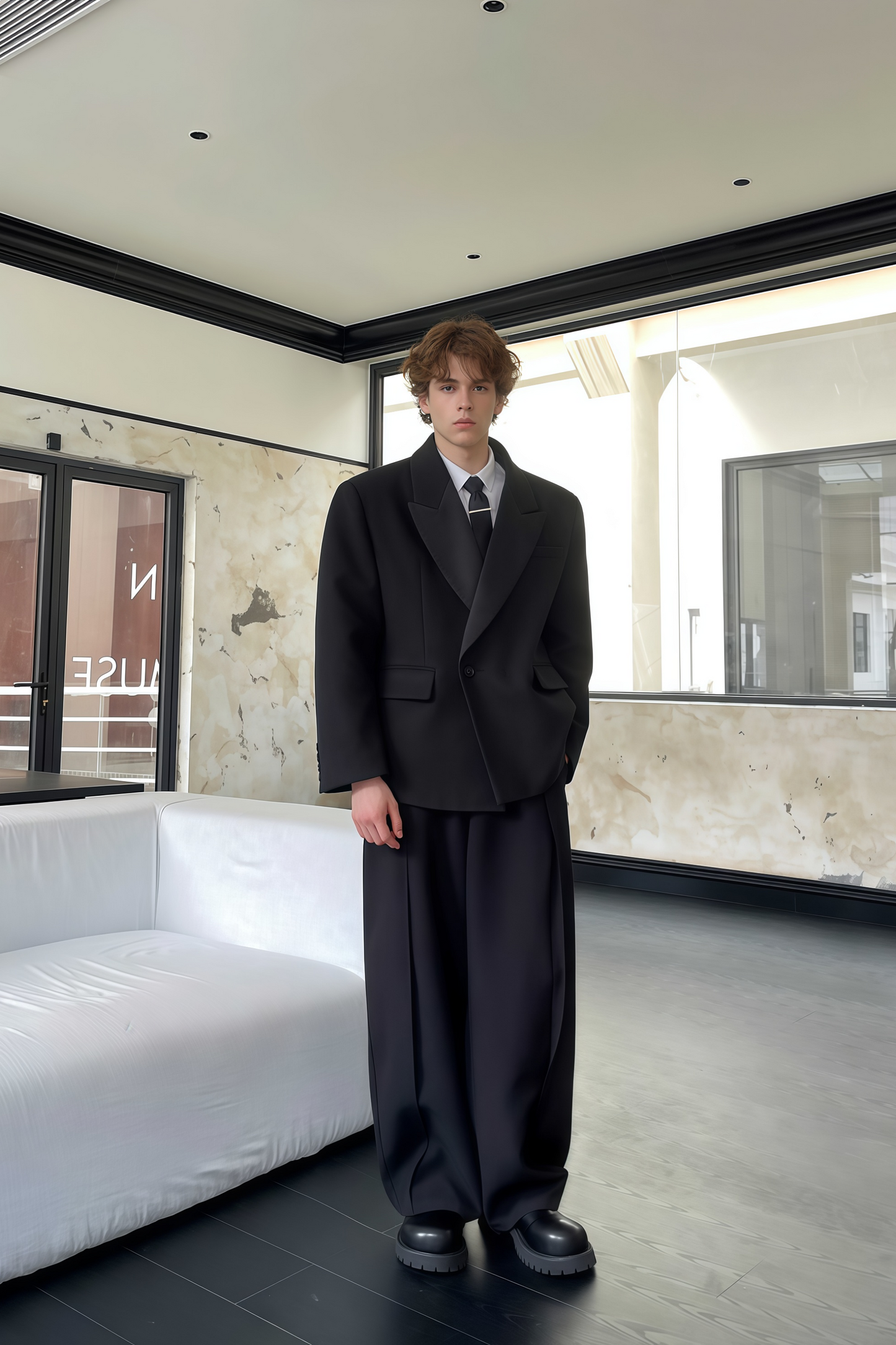 Thaddeus black peak-lapel single-breasted blazer