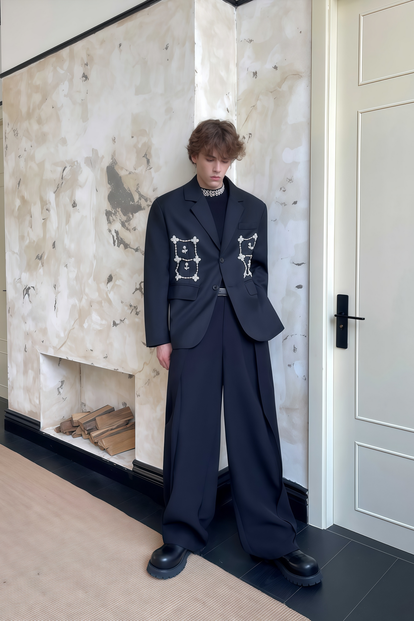 Caspian black faux-pearl embellished blazer