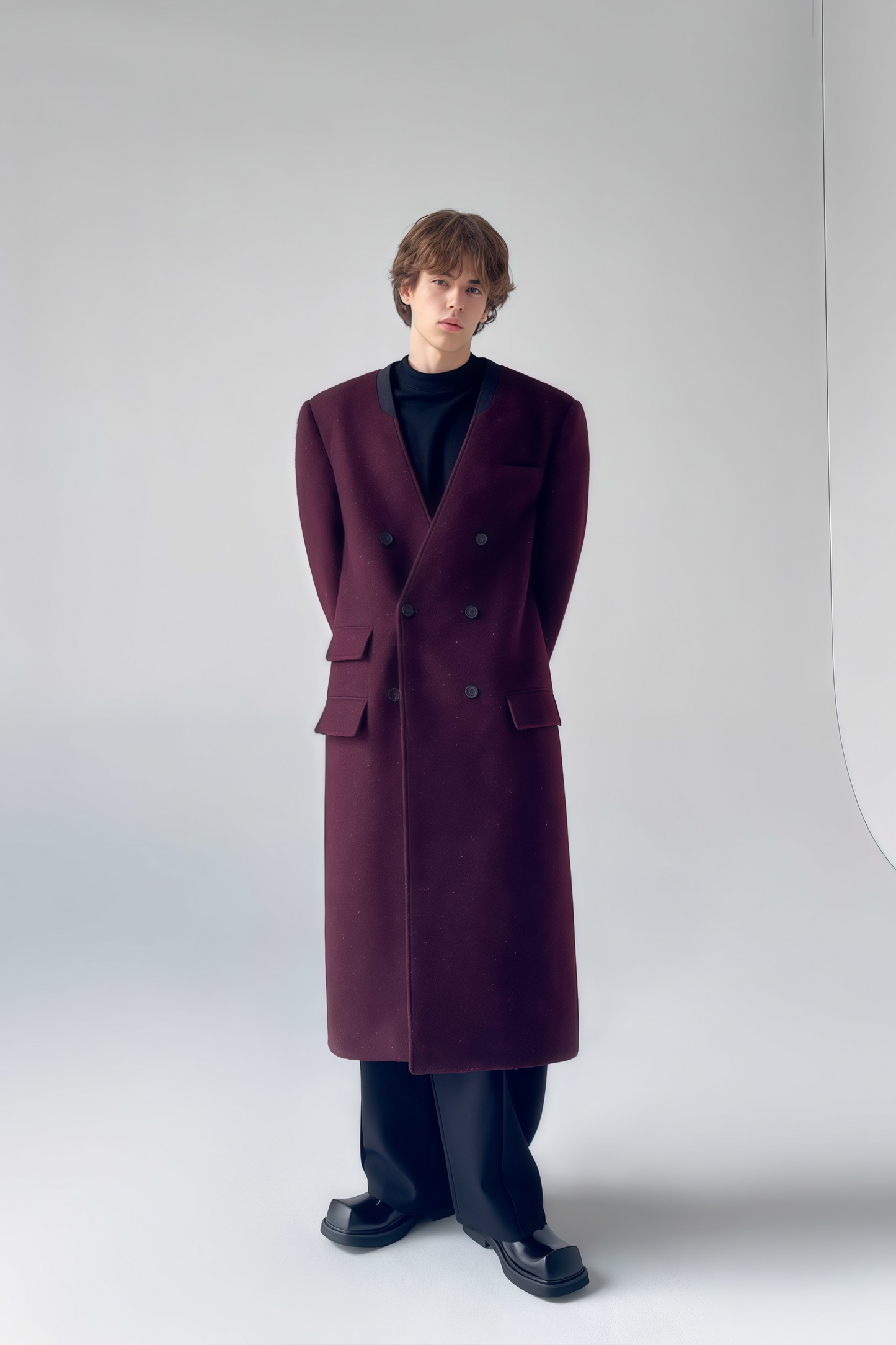 Elias wine-red collarless maxi coat