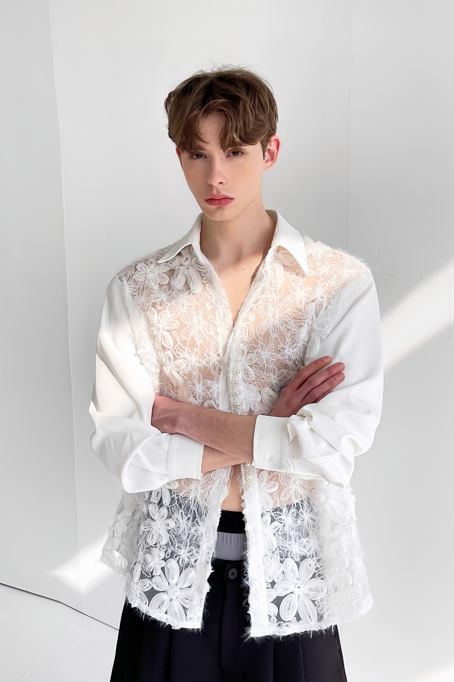 Eden white floral faux-pearl embellishment shirt