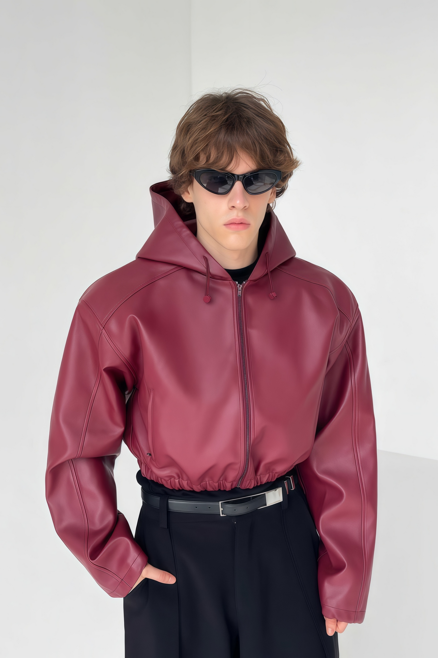 Drake wine-red cropped leather jacket