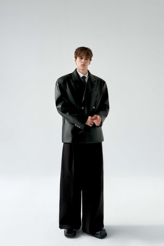 Elio black double-breasted leather jacket