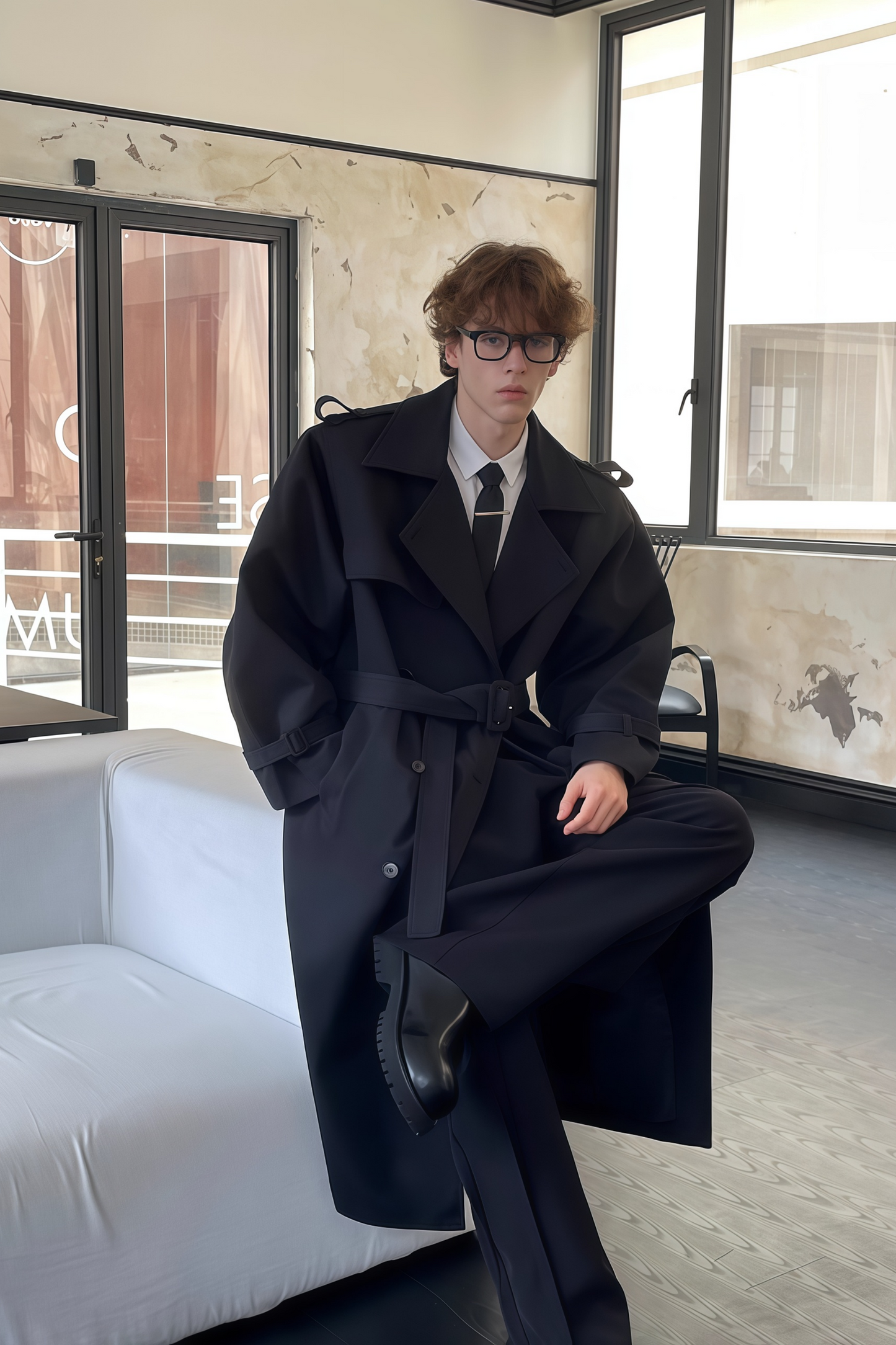 Jean black double-breasted trench coat