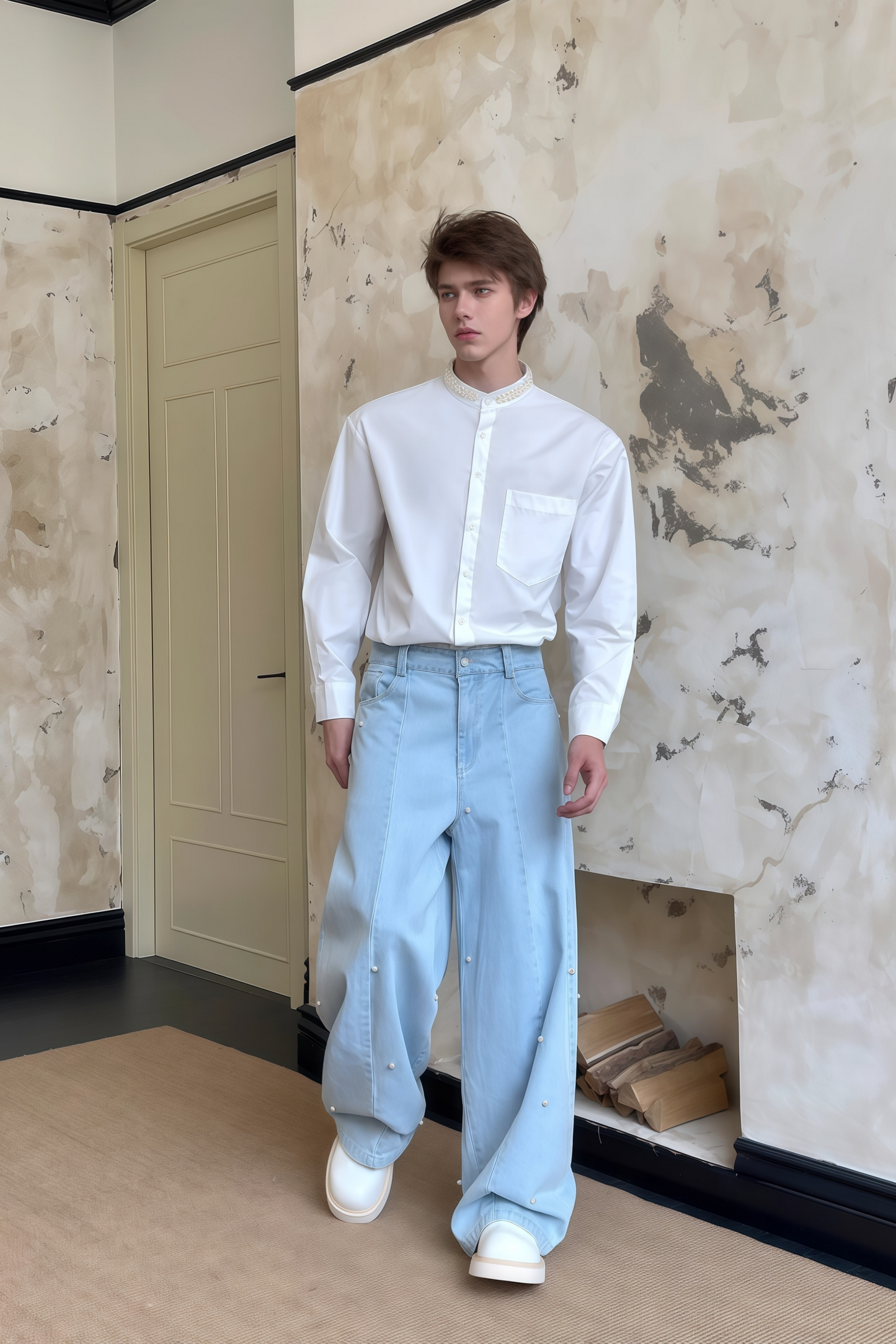 قميص أبيض مزين باللؤلؤ الصناعي من Adrian