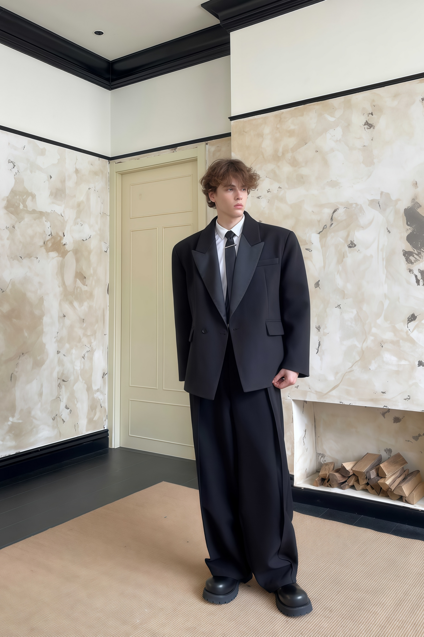 Thaddeus black peak-lapel single-breasted blazer