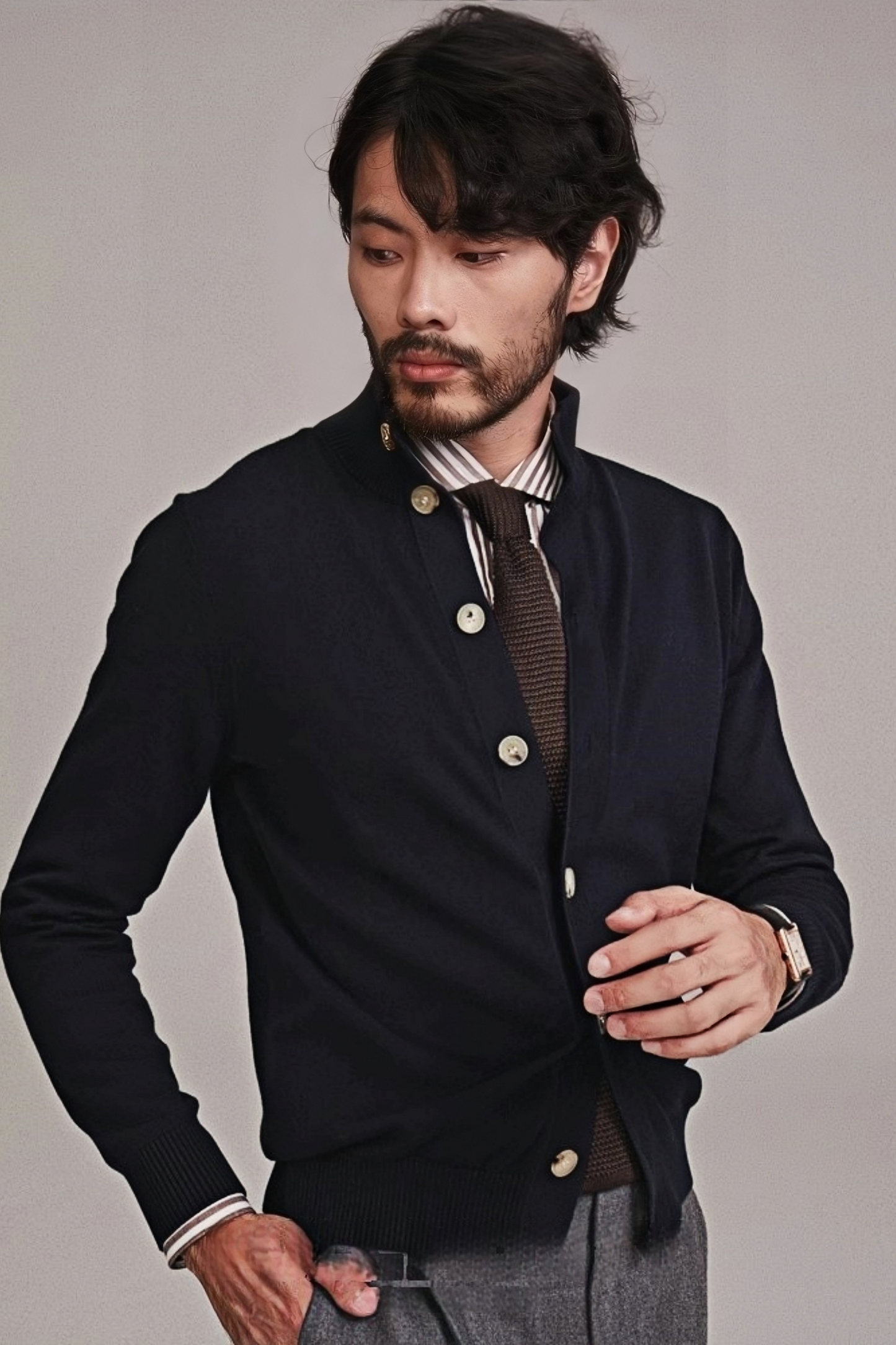 Jasper navy-blue standing-collar knitted jacket