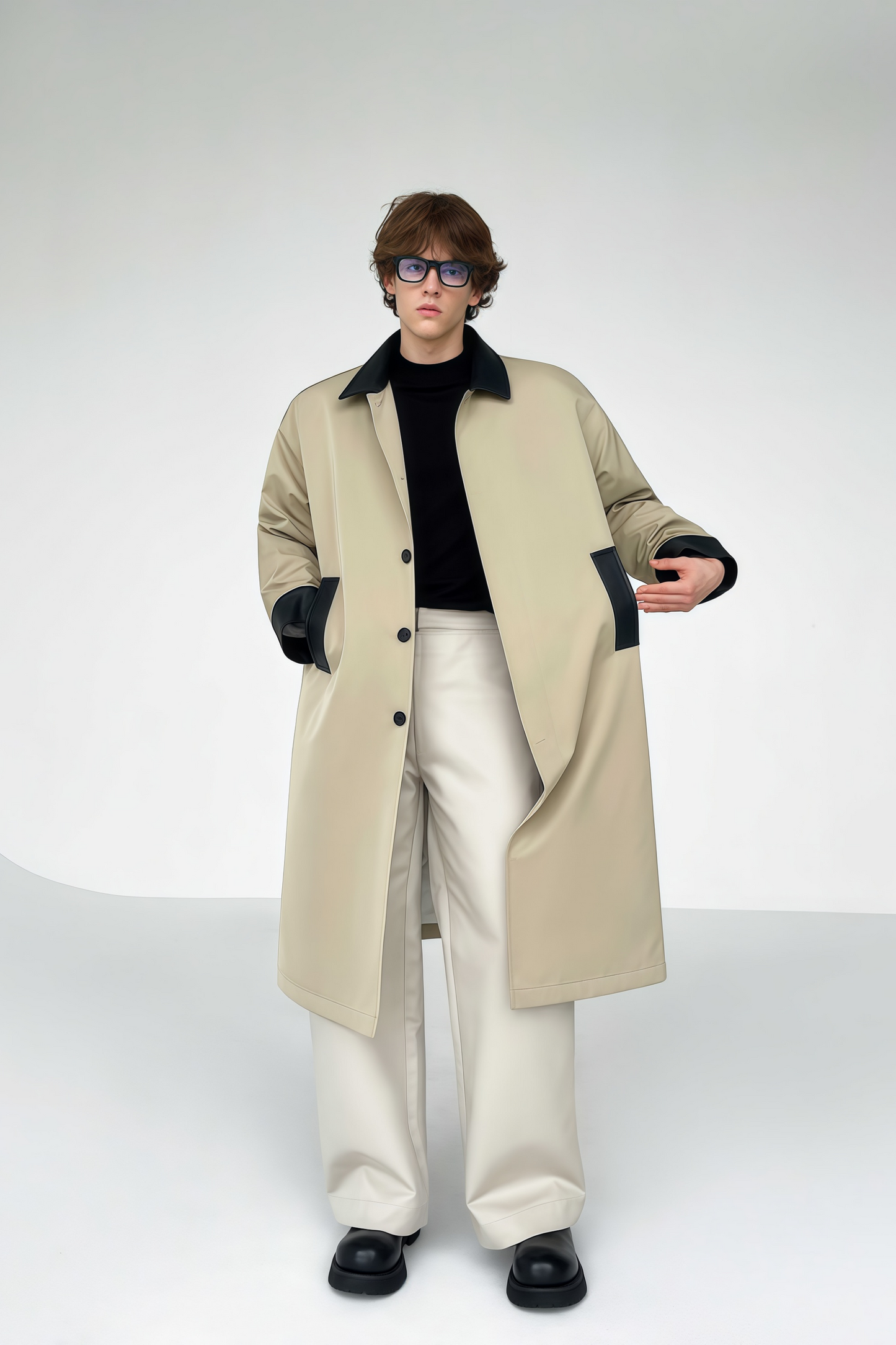 Lucien contrast-color patchwork midi coat