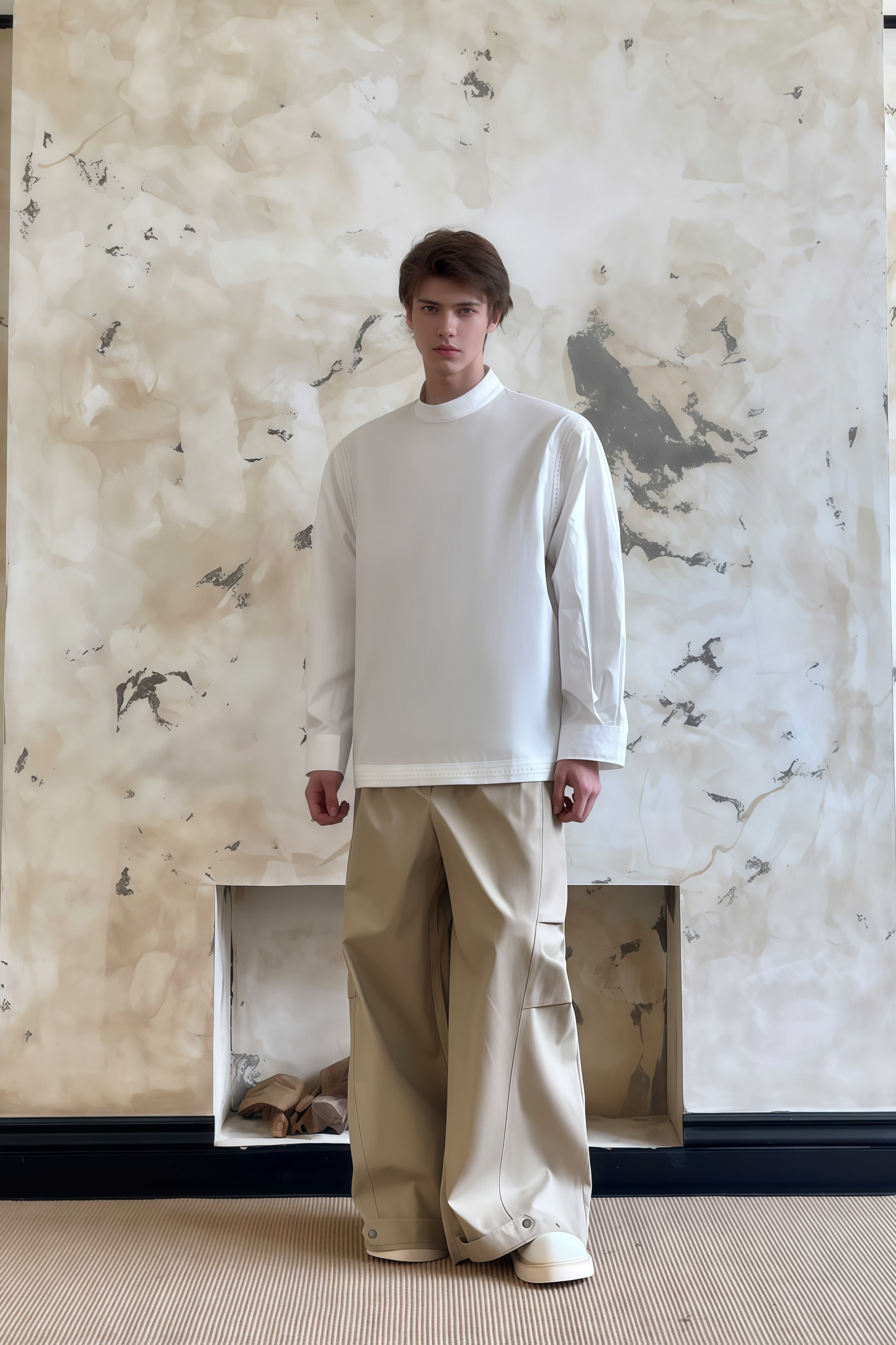 Pierre khaki pleated wide-leg trousers