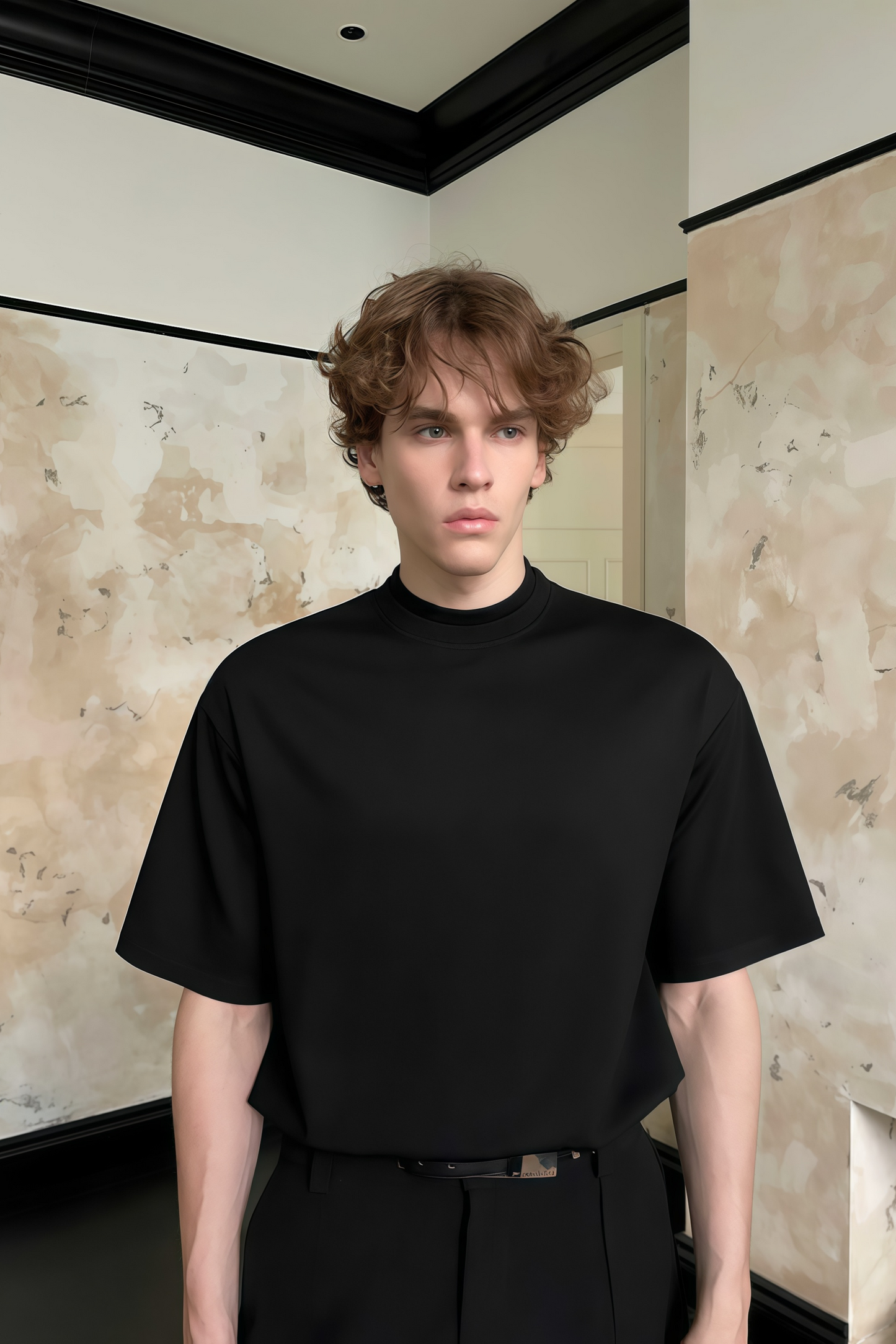 تي شيرت أسود بياقة مزدوجة من Yves