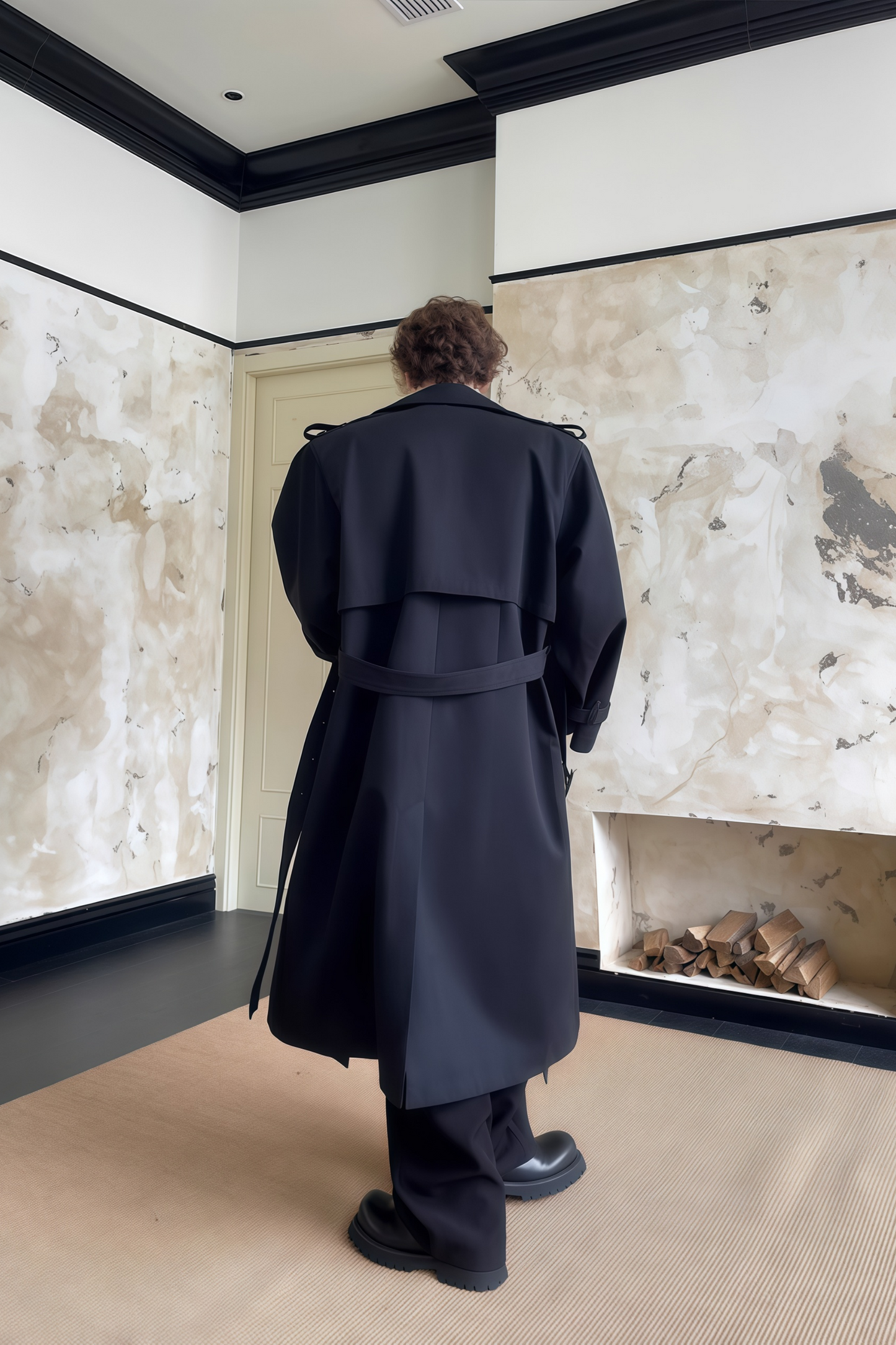 Jean black double-breasted trench coat