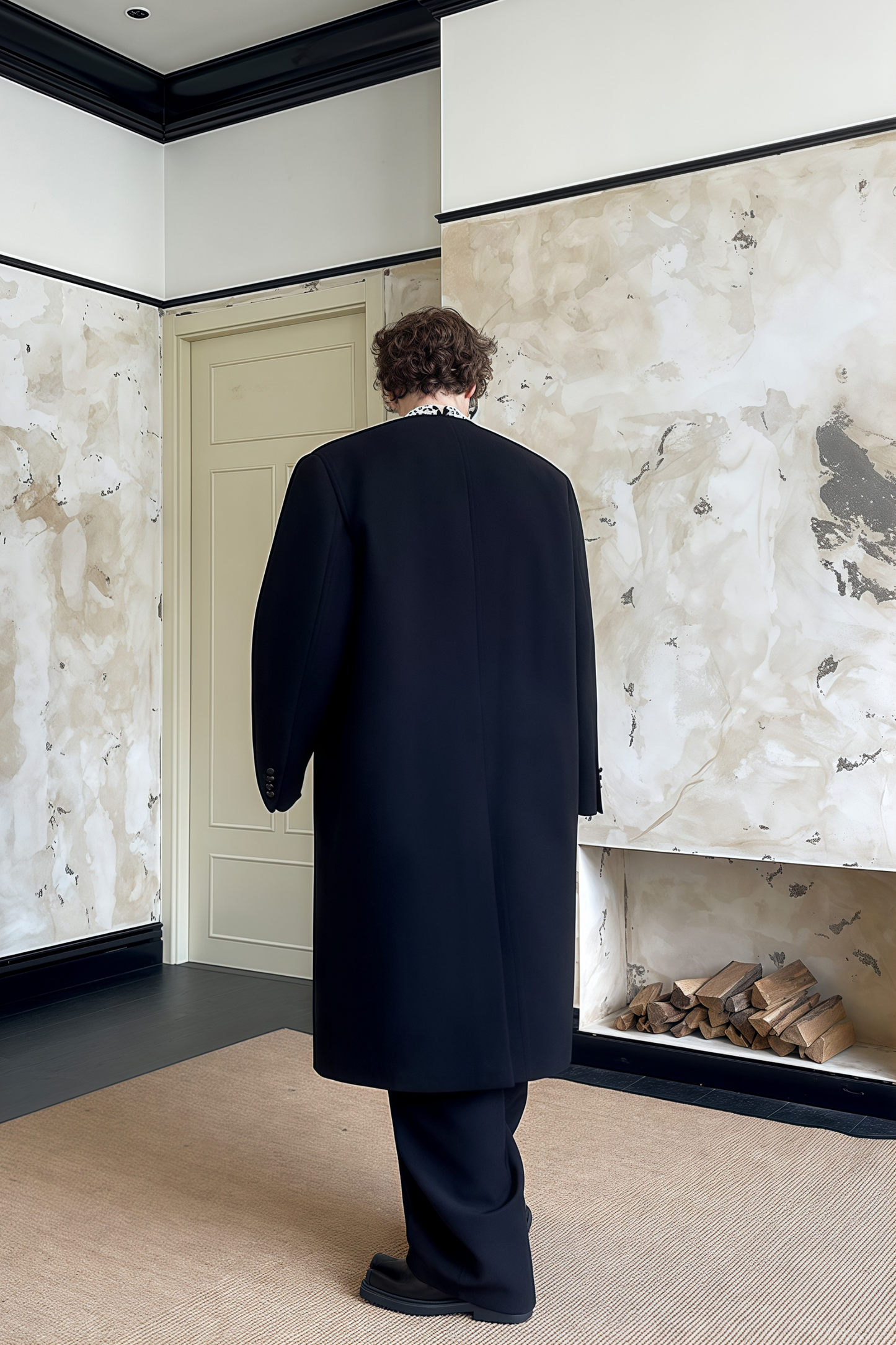 معطف طويل من الصوف الأسود بقصّة من Alexandre