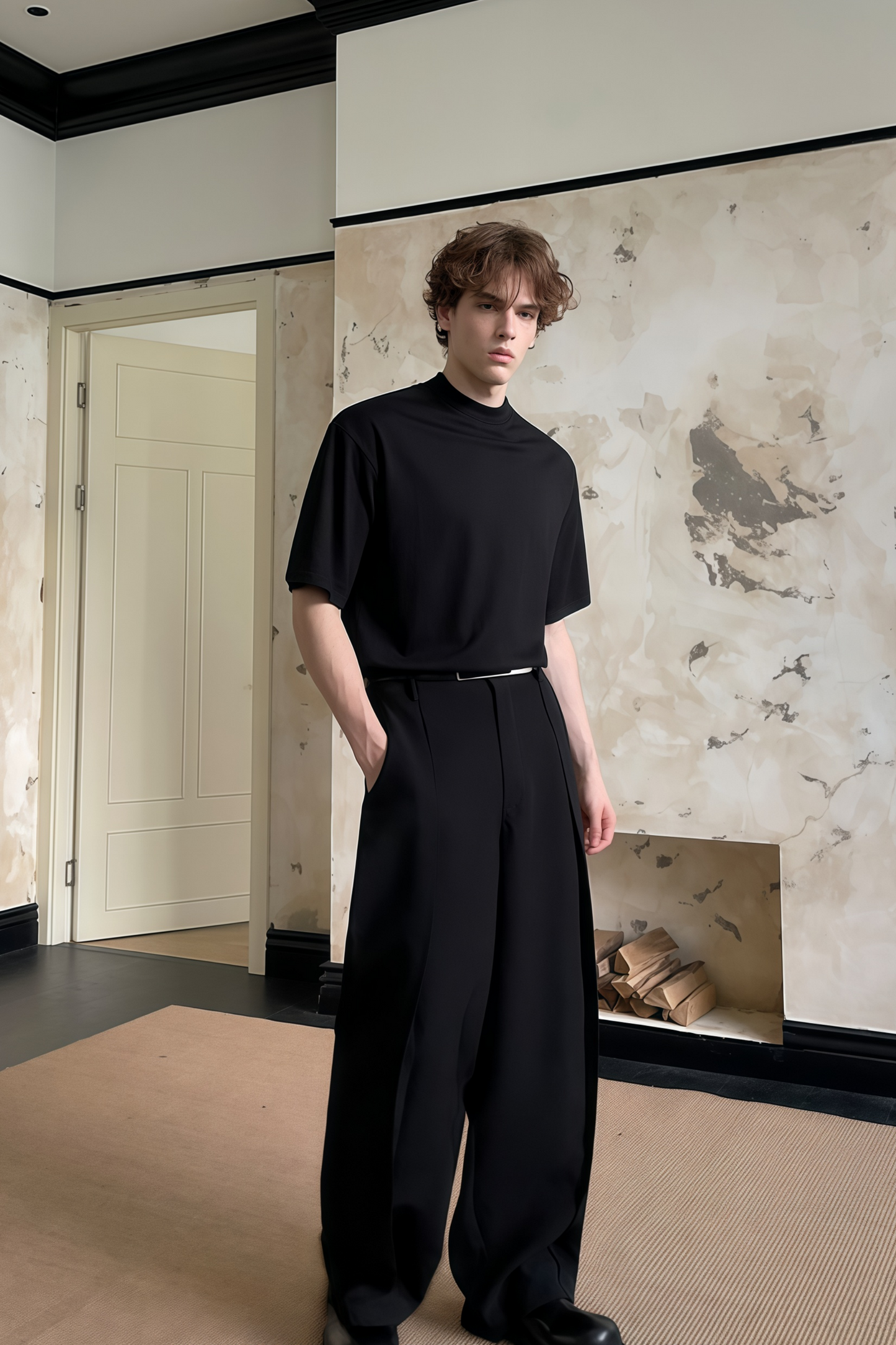 تي شيرت أسود بياقة مزدوجة من Yves