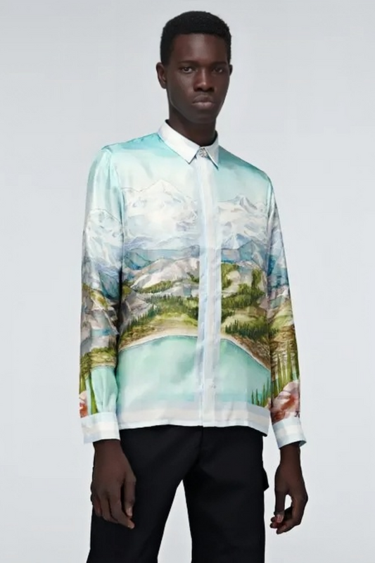 Nathan light blue landscape print long-sleeve shirt