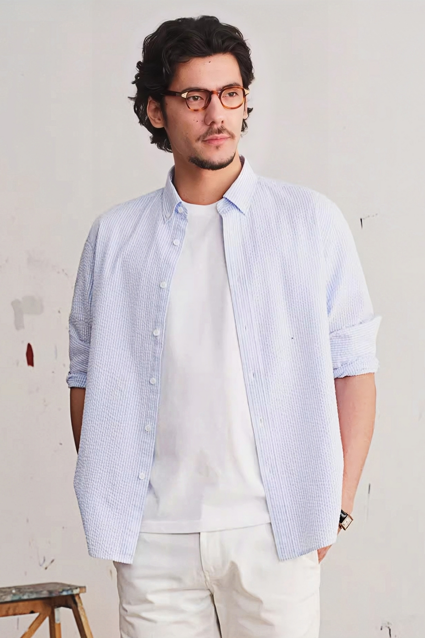 Stian light-blue stripe-pattern seersucker shirt