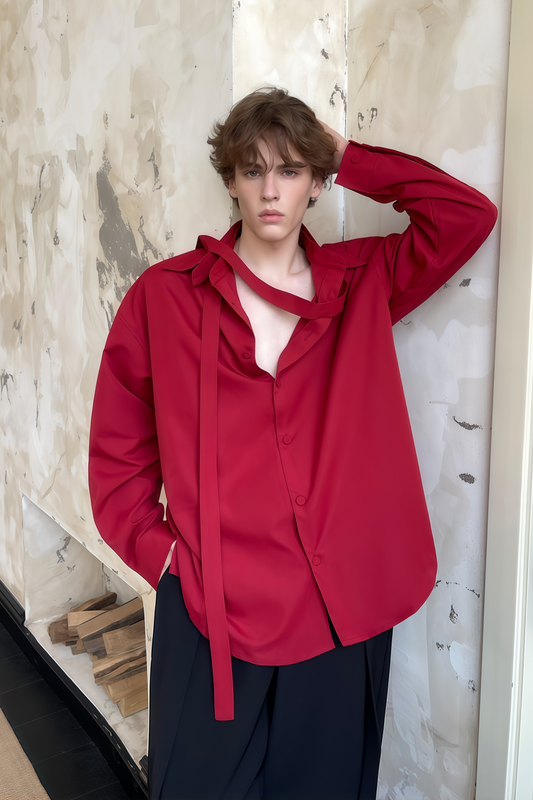 Nicolas red tie-strap-collar shirt