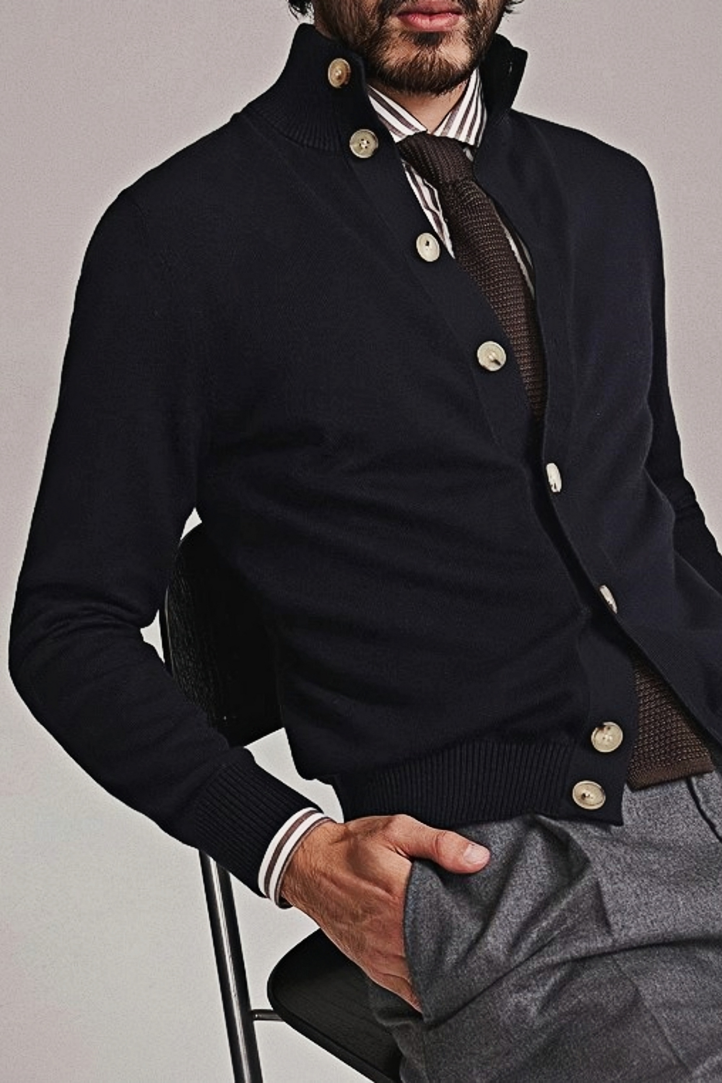 Jasper navy-blue standing-collar knitted jacket