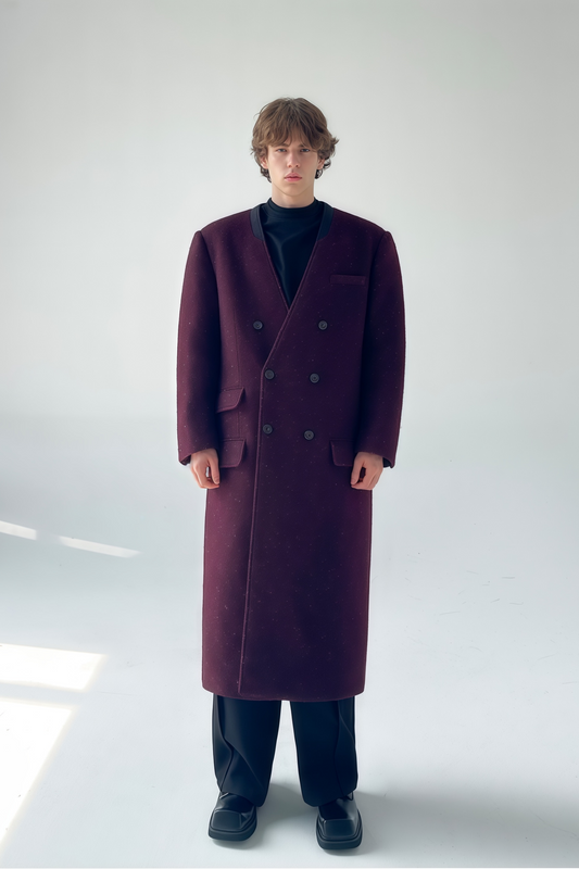 Elias wine-red collarless maxi coat