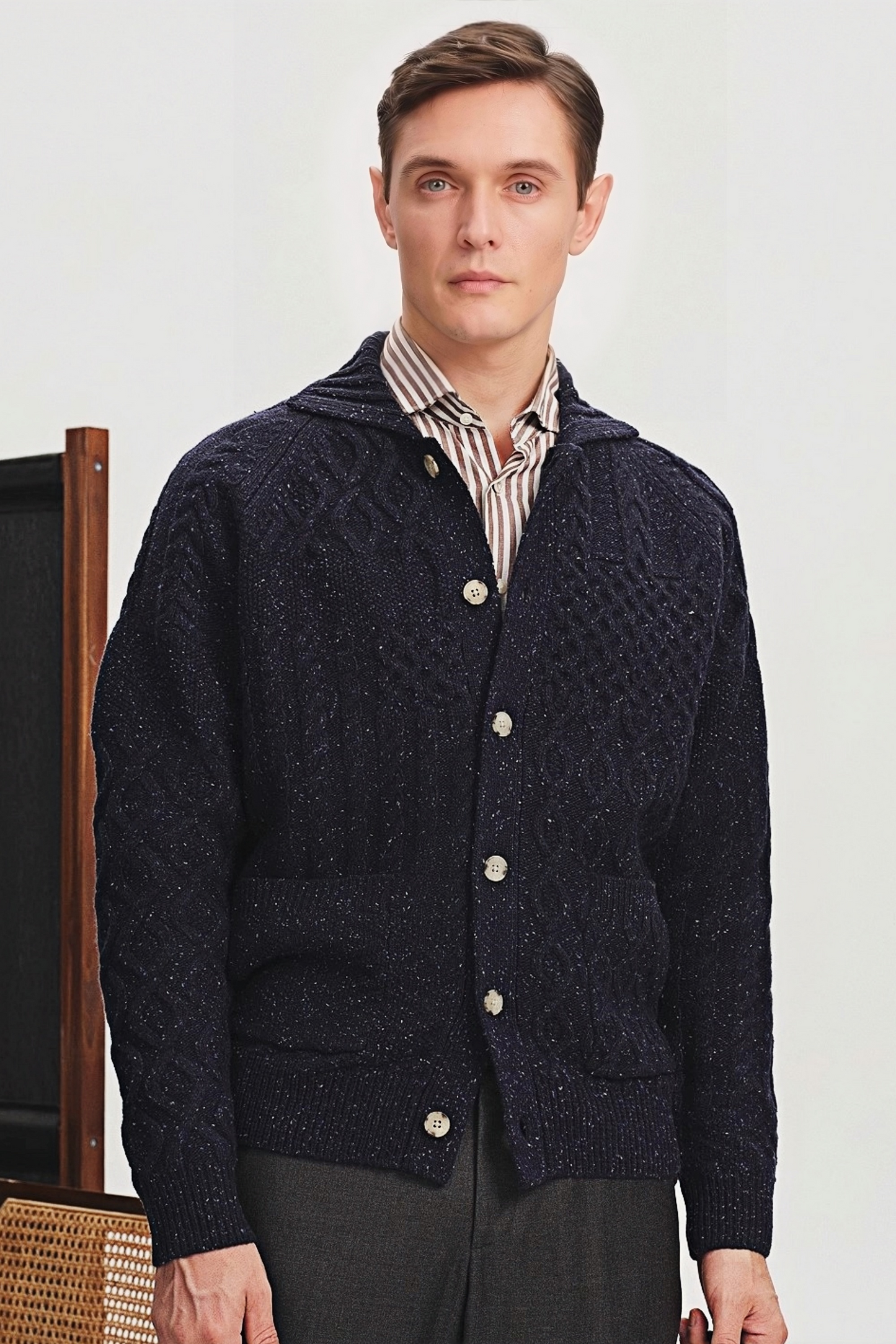 Clarence navy-blue cabled cardigan