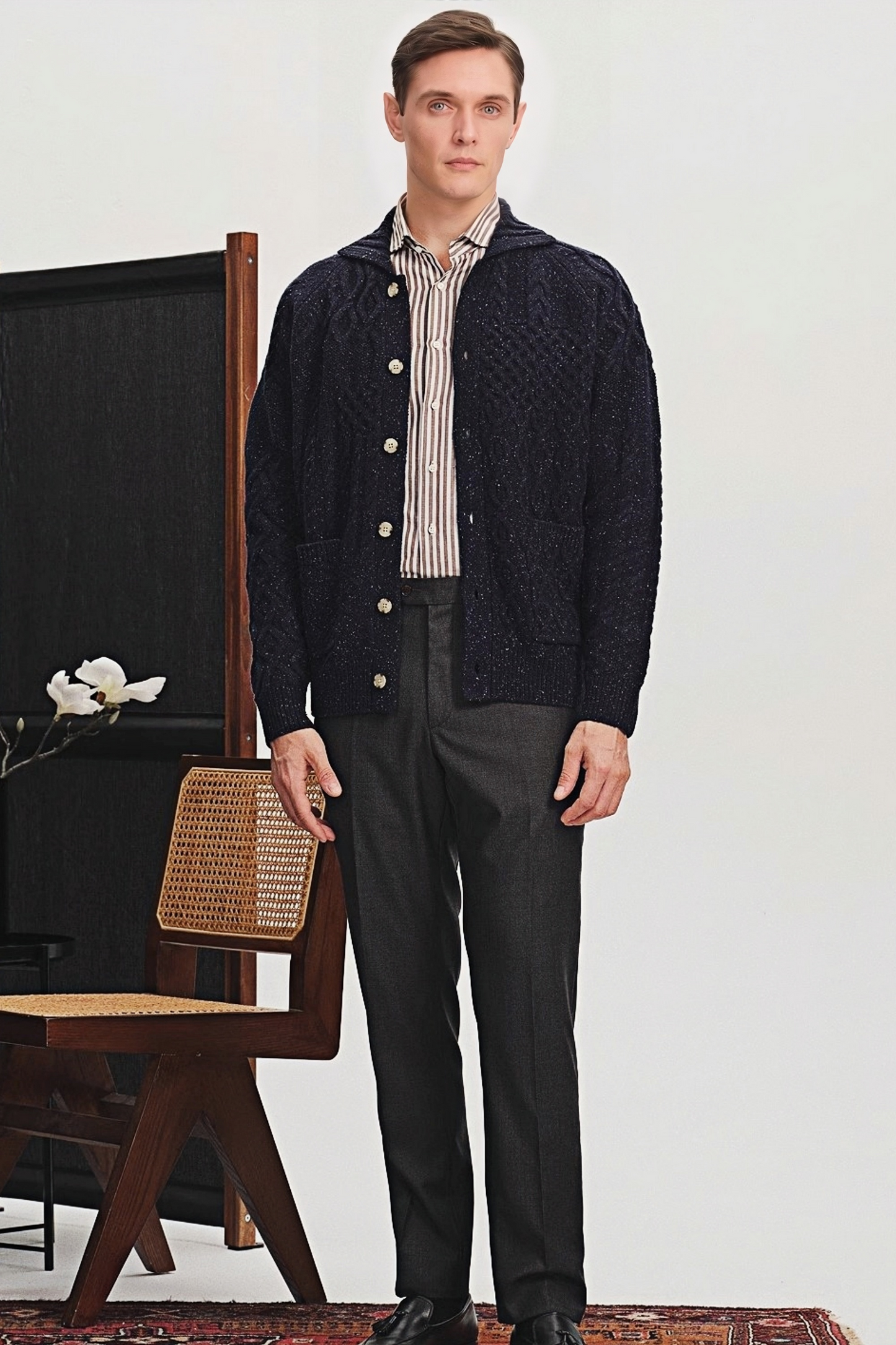 Clarence navy-blue cabled cardigan