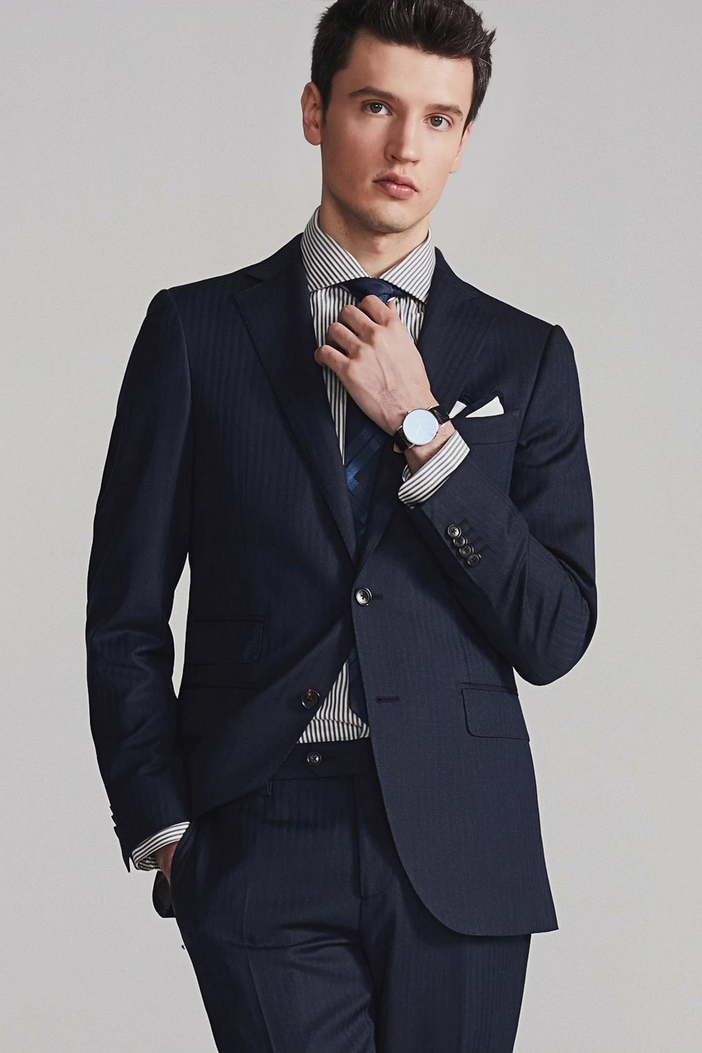 Sebastian navy-blue herringbone-pattern suit