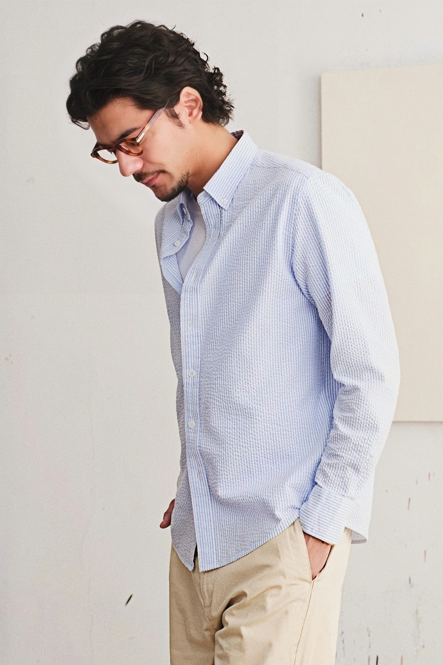 Stian light-blue stripe-pattern seersucker shirt