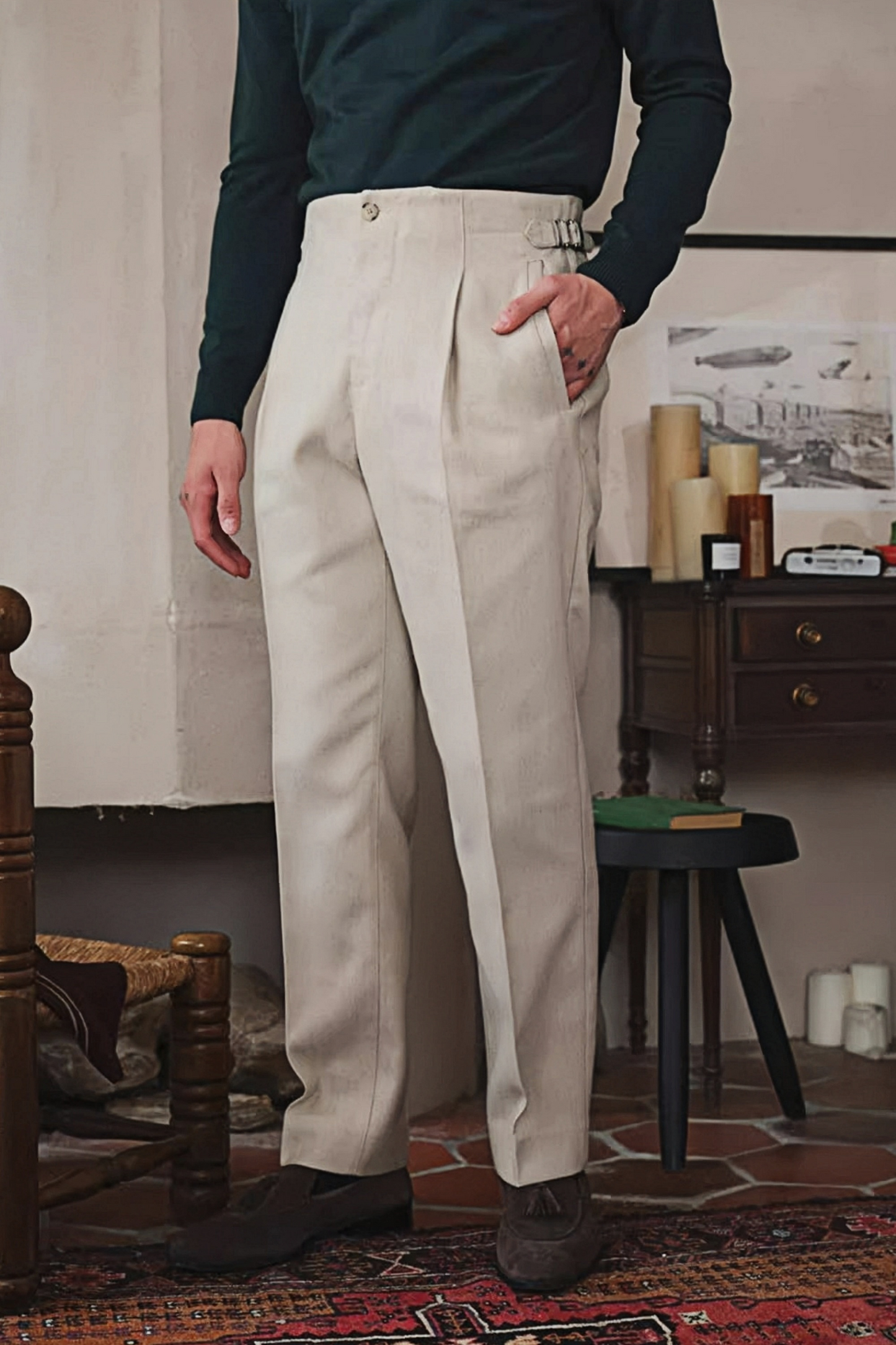 James ivory white herringbone-pattern trousers
