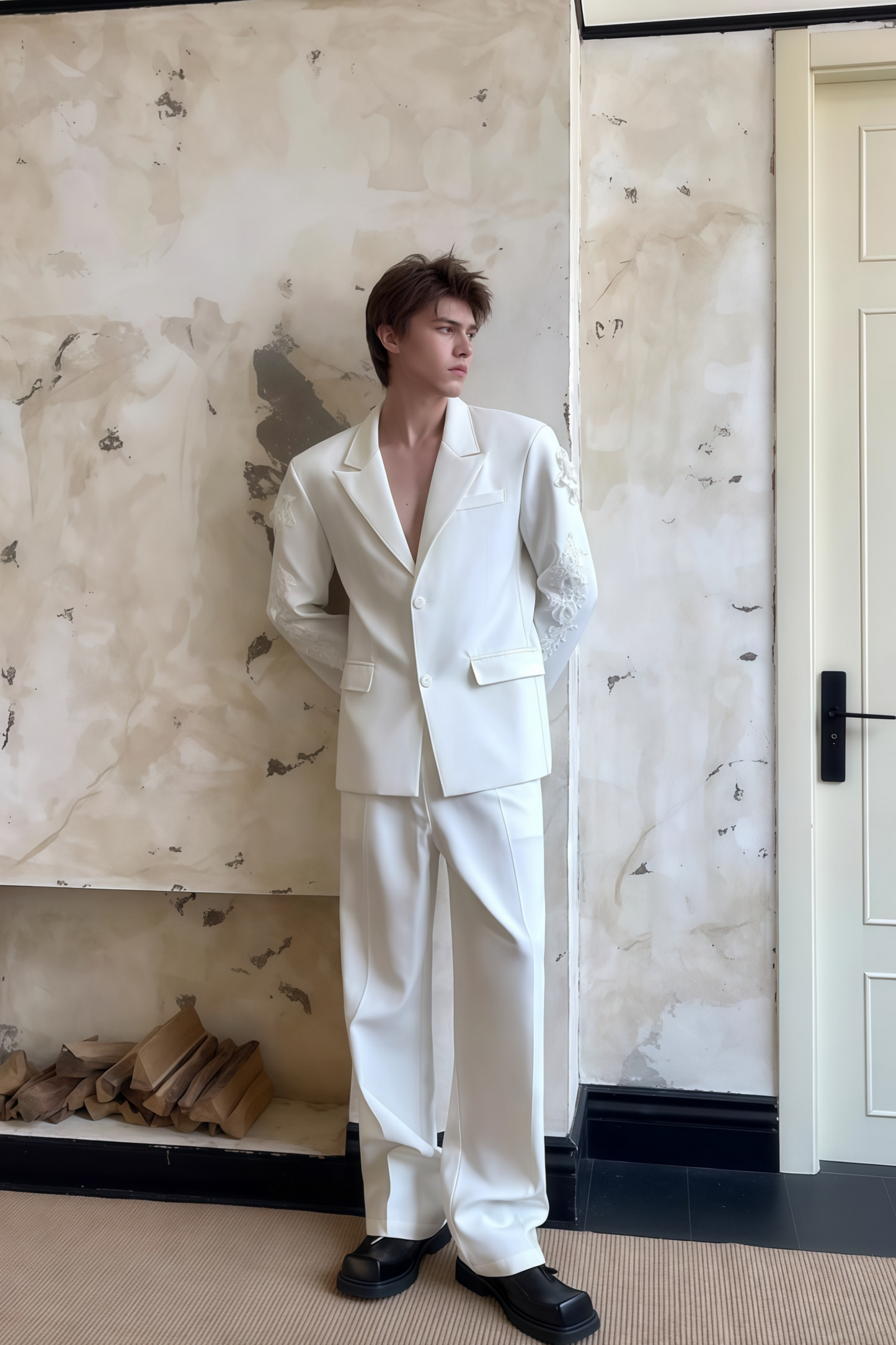 Jules white embroidery mesh suit