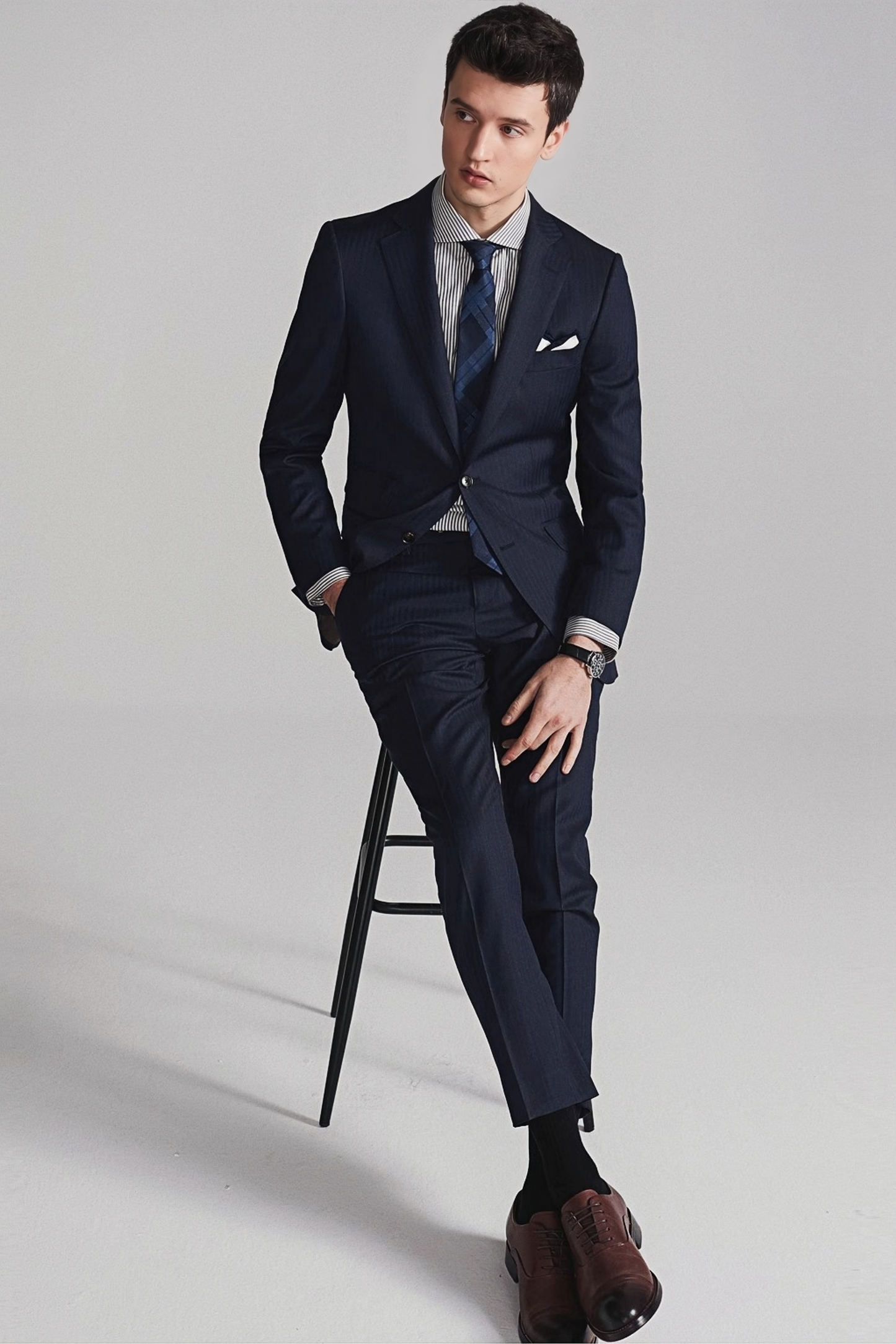 Sebastian navy-blue herringbone-pattern suit