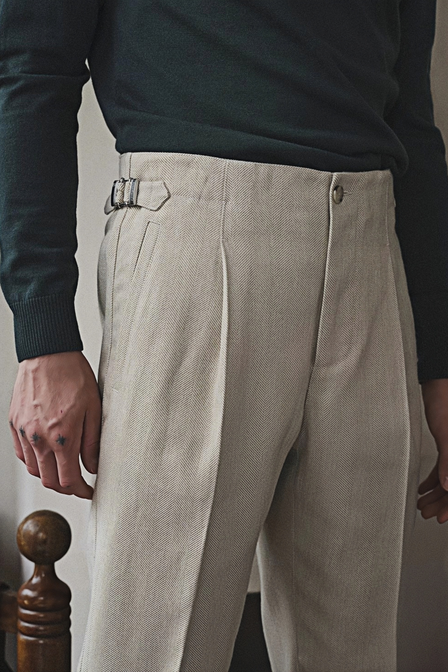 James ivory white herringbone-pattern trousers
