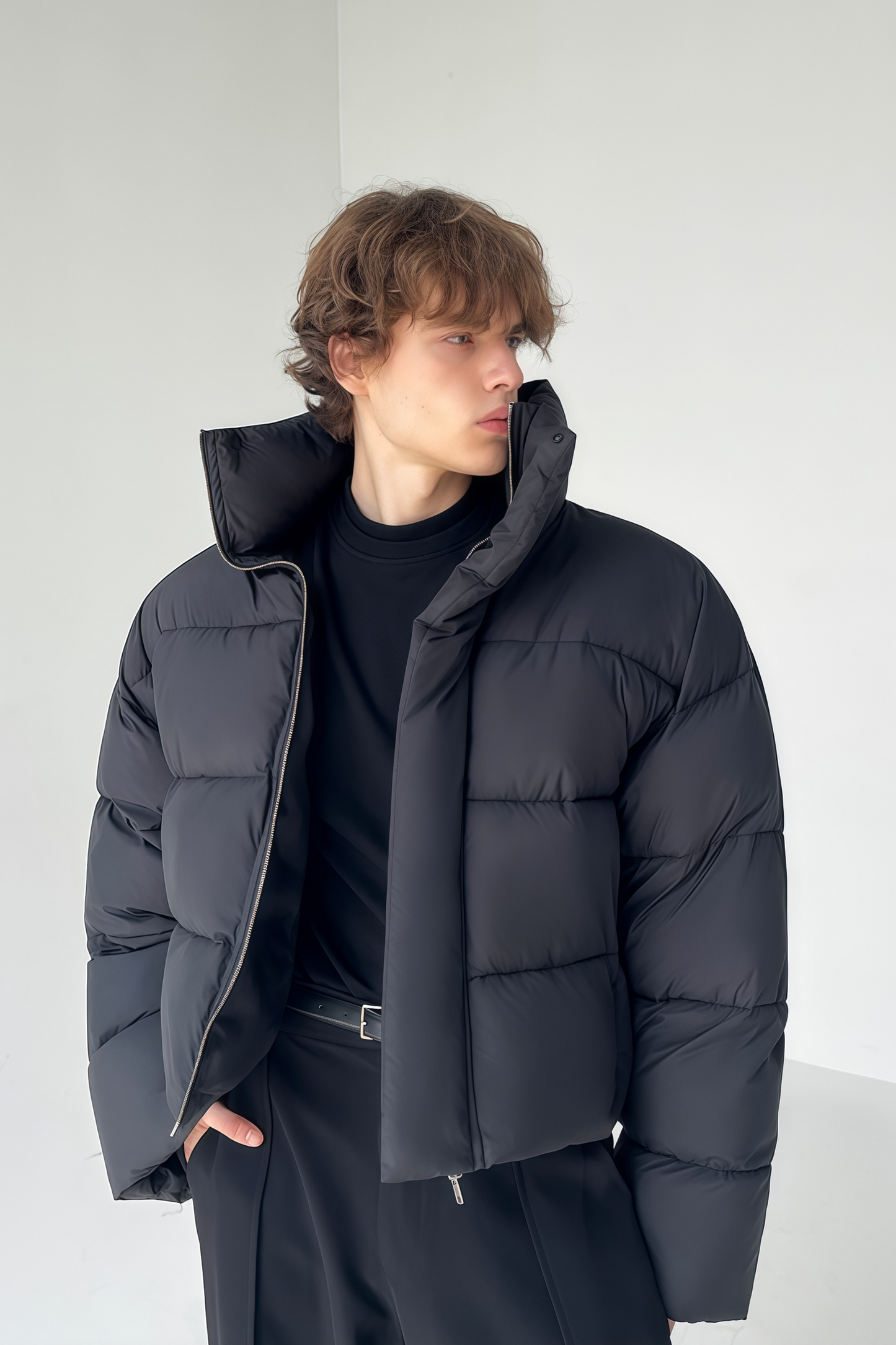 Samuel black high-neck standing-collar cropped jacket