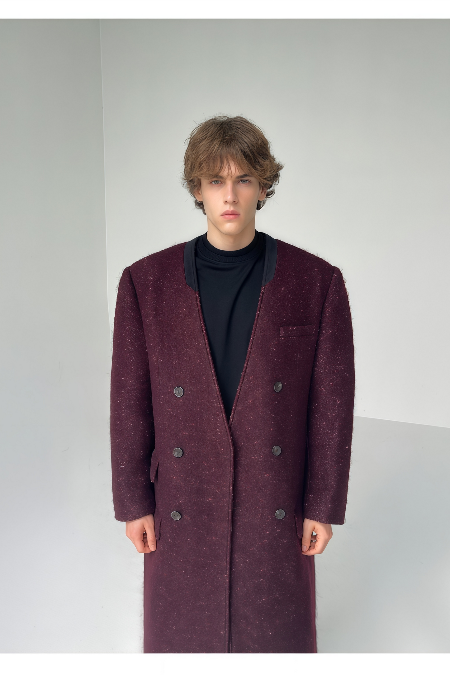 Elias wine-red collarless maxi coat