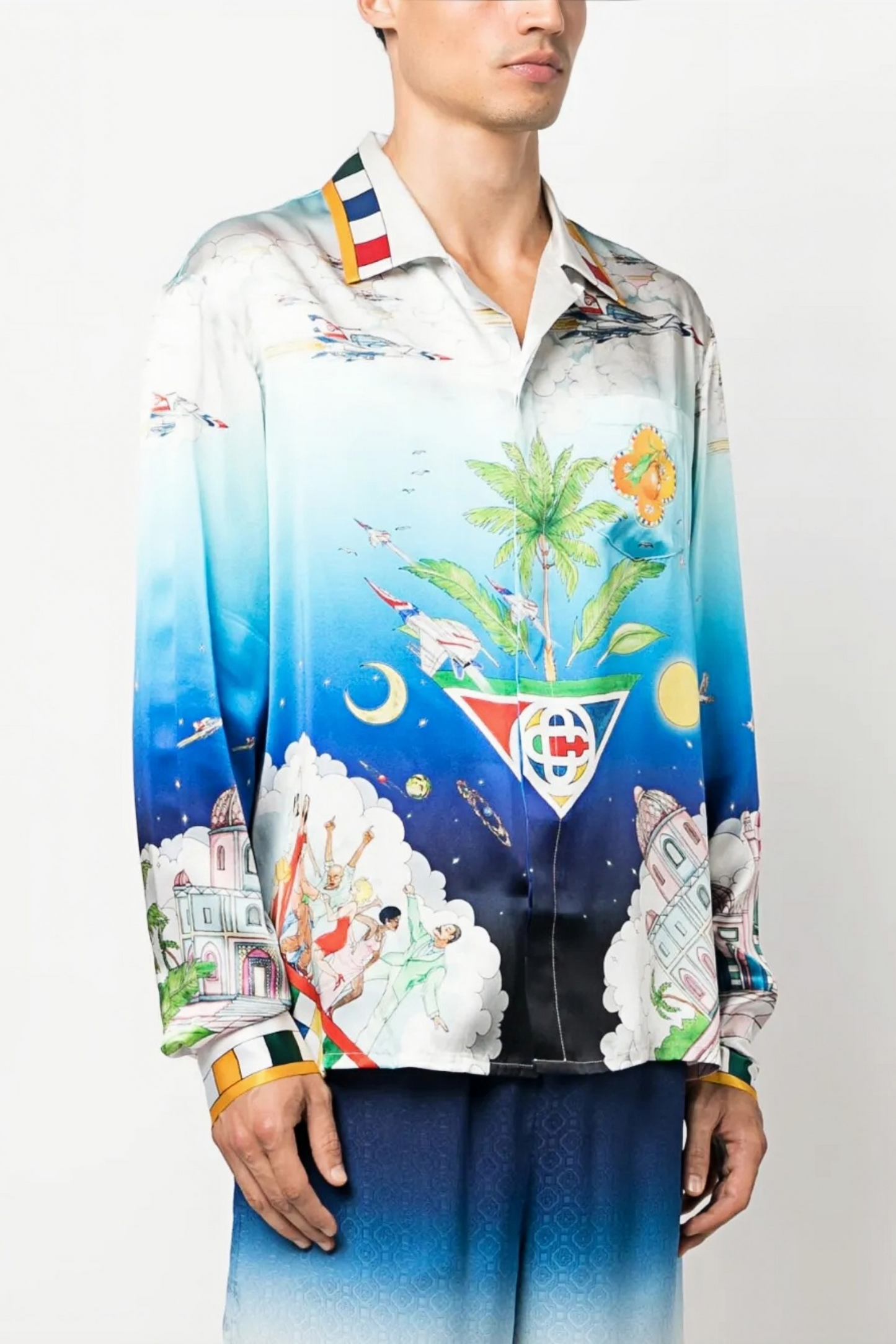 قميص أيمي أزرق بكم طويل وطبعة فاكهة السلام