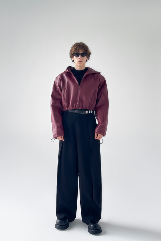 Drake wine-red cropped leather jacket