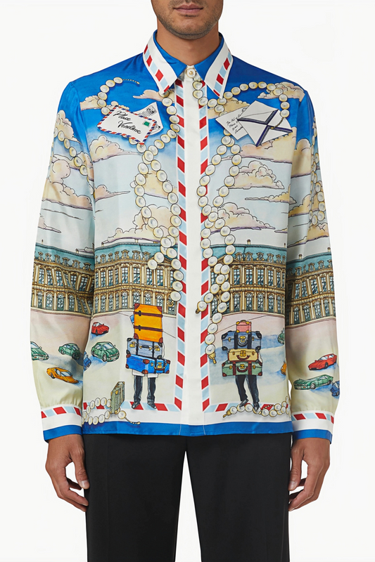 Samuel blue travel print long-sleeve shirt