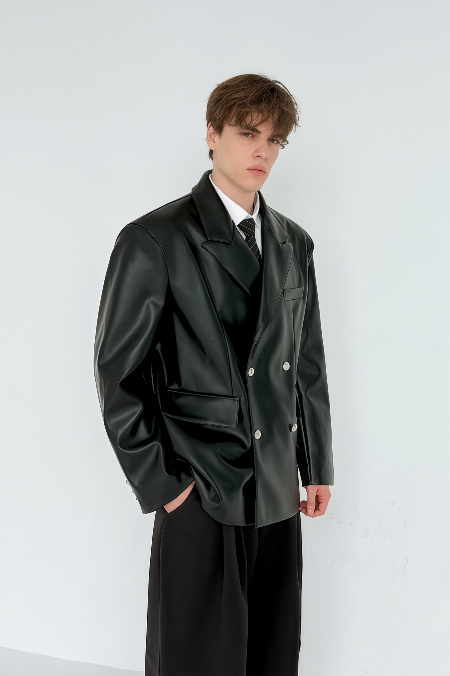 Elio black double-breasted leather jacket