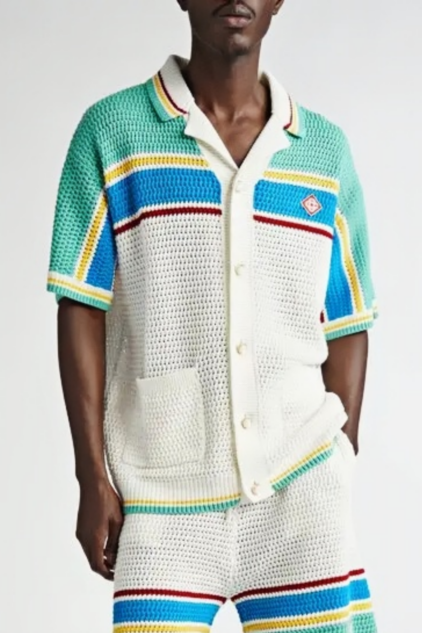 Ken white striped knit short-sleeved cardigan