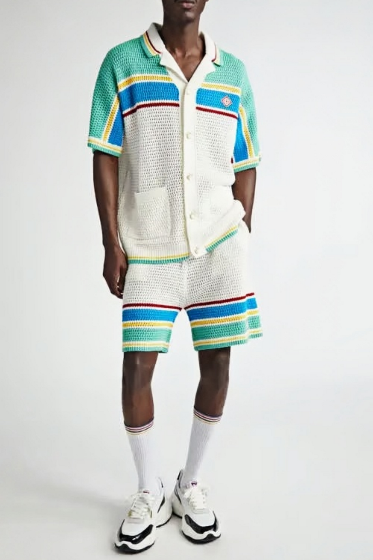 Ken white striped knit short-sleeved cardigan