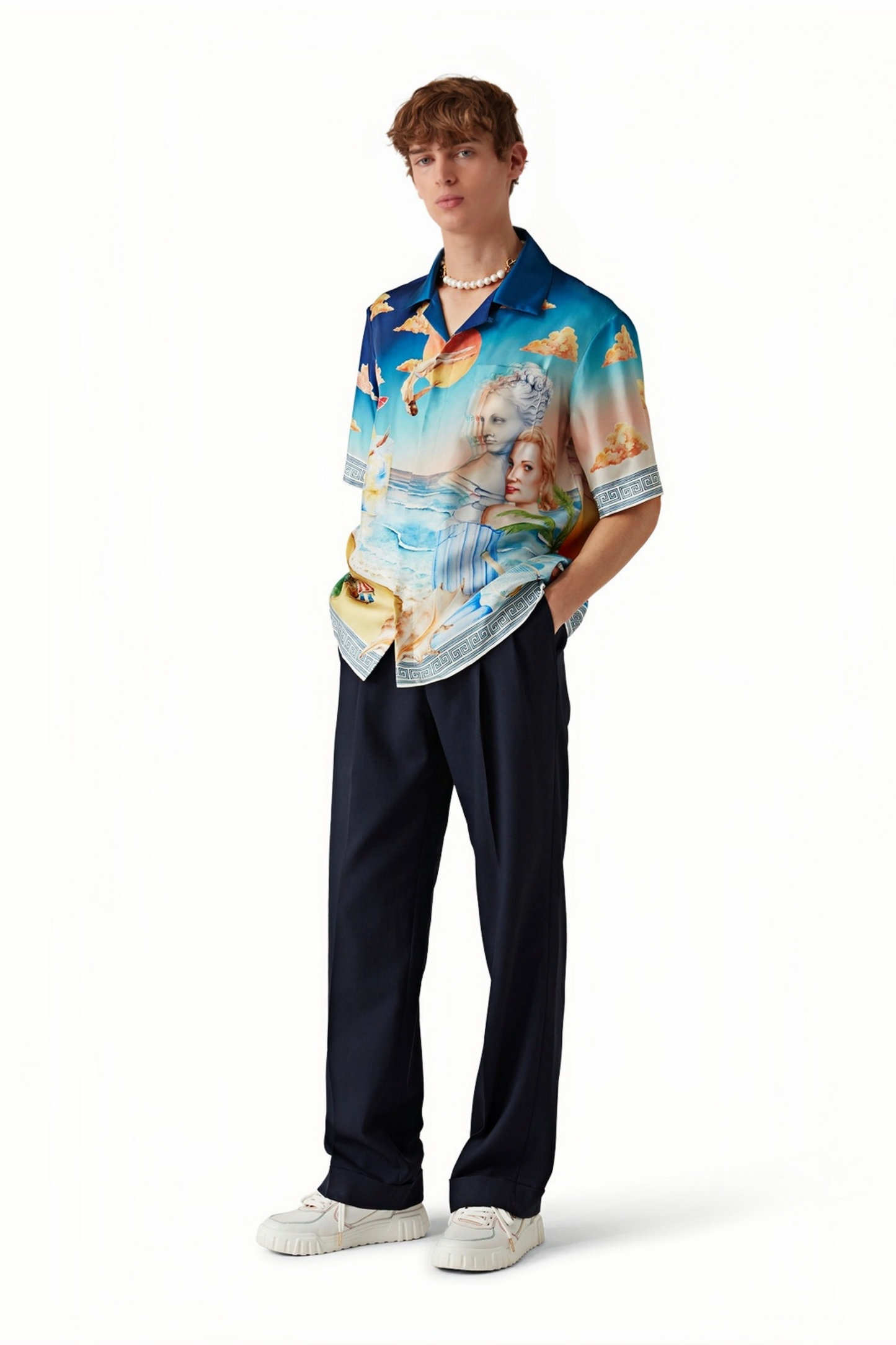 James blue beach print short-sleeve shirt
