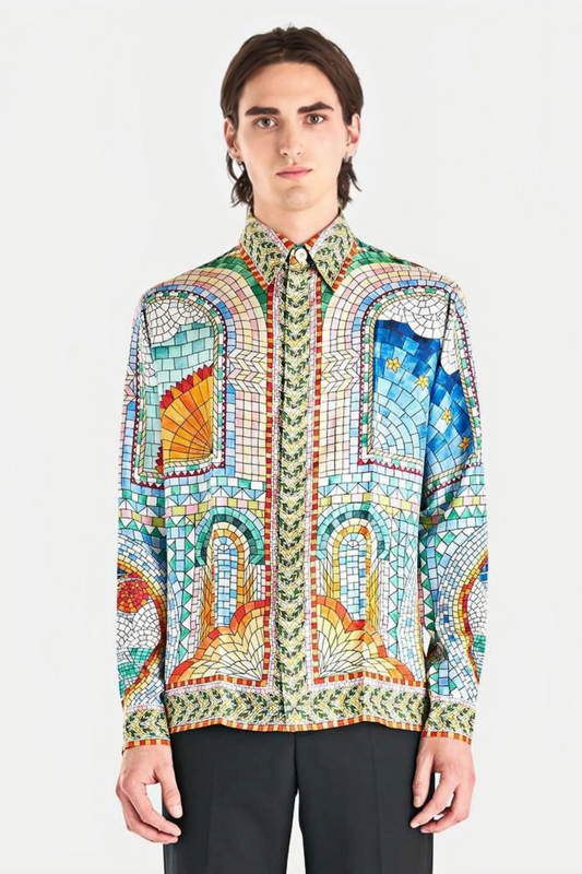 Oscar blue multicolored mosaic long-sleeve shirt
