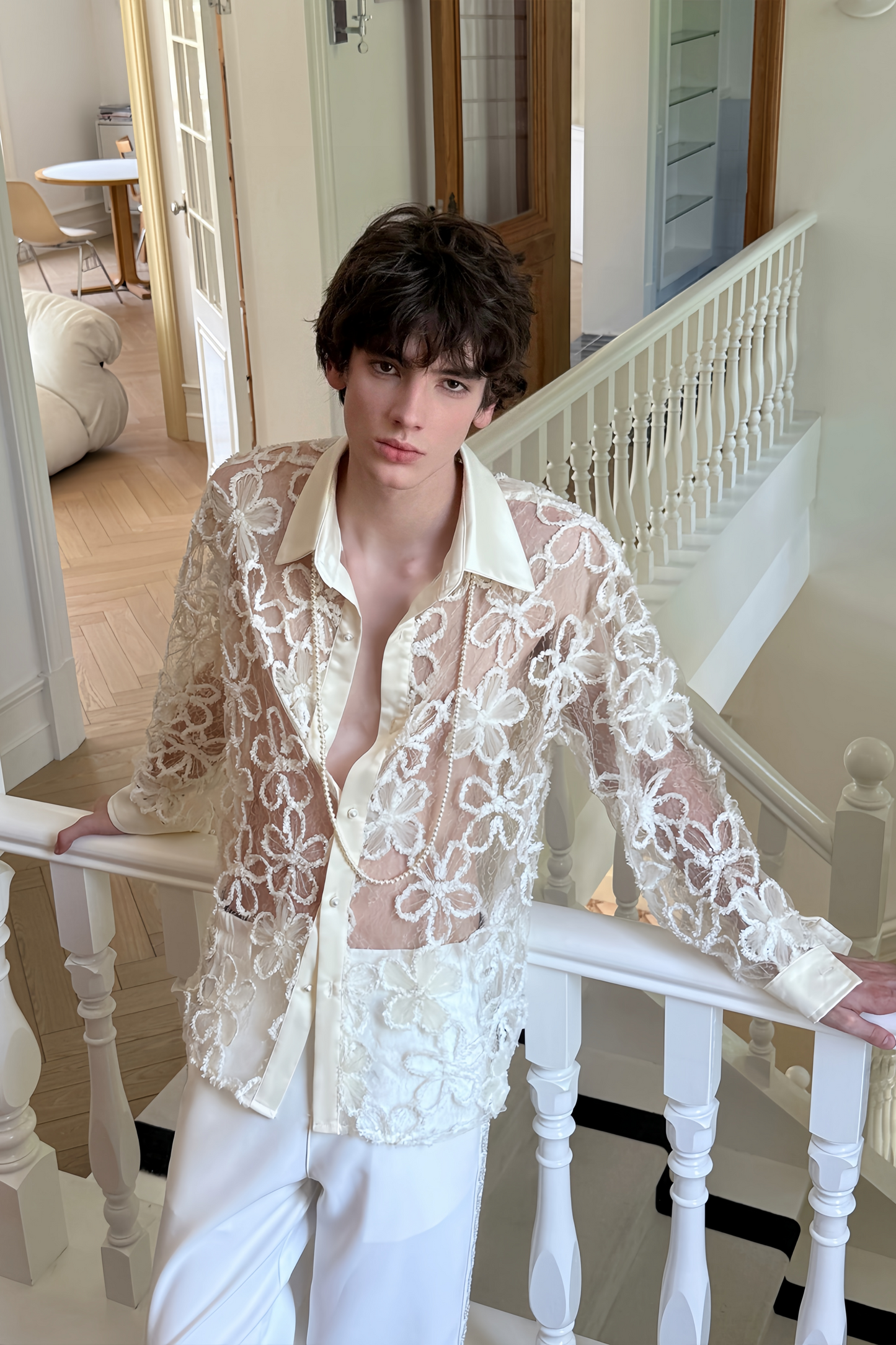 Théo Neutral Floral Cut-out Shirt