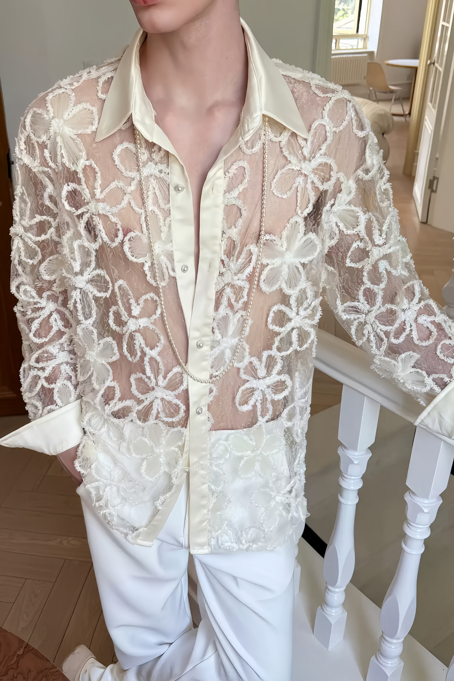 Théo Neutral Floral Cut-out Shirt