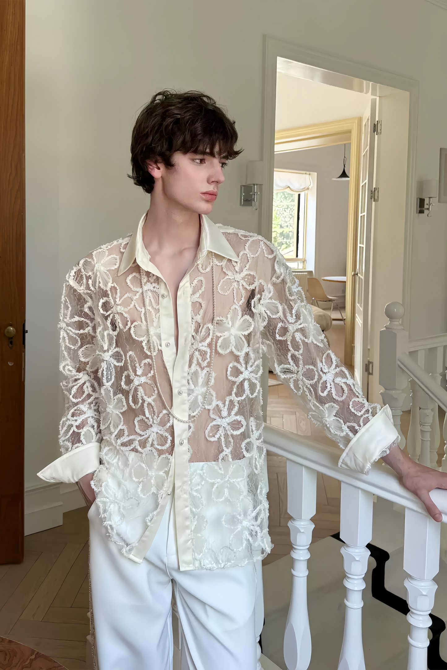 Théo Neutral Floral Cut-out Shirt