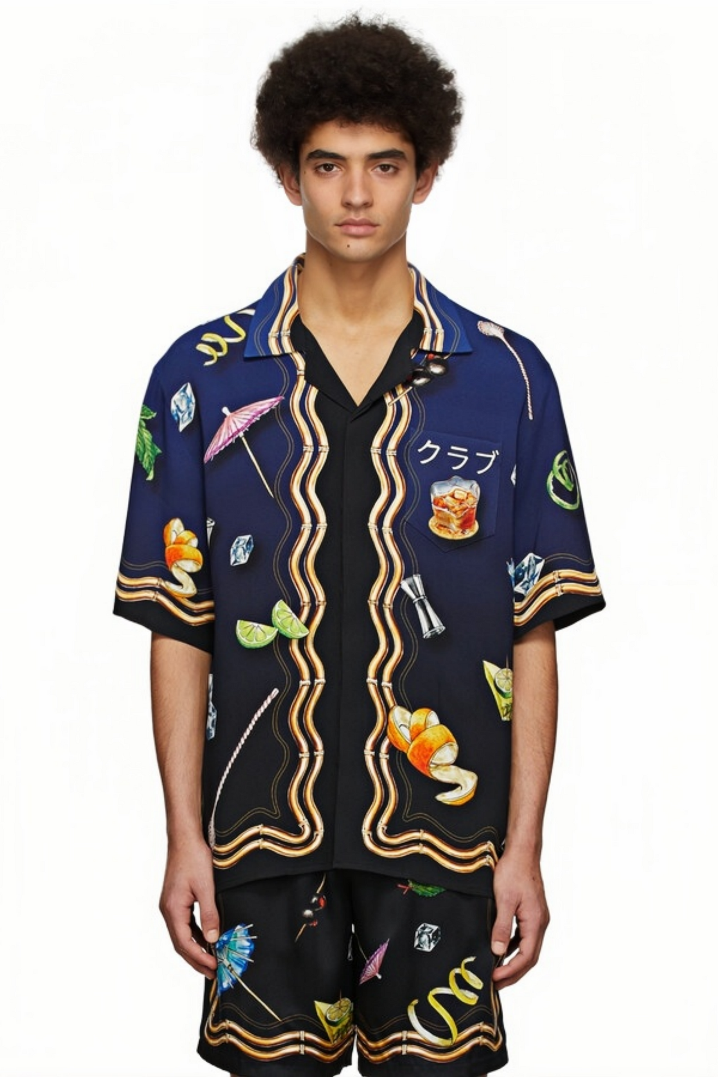 Derek dark blue wavy print short-sleeve shirt