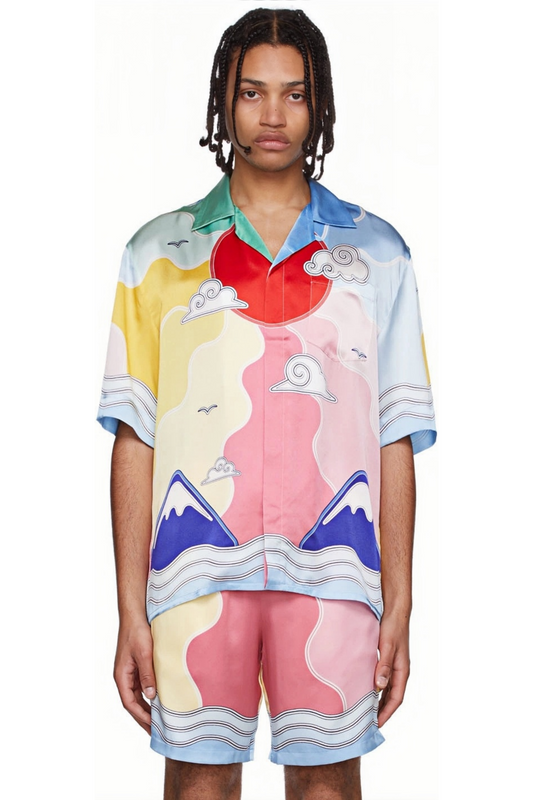 قميص أندريه وردي متعدد الألوان بأكمام قصيرة وموديل موجة جبلية