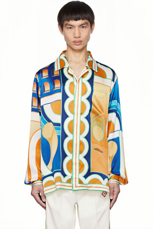 Jean blue geometric print long-sleeve shirt