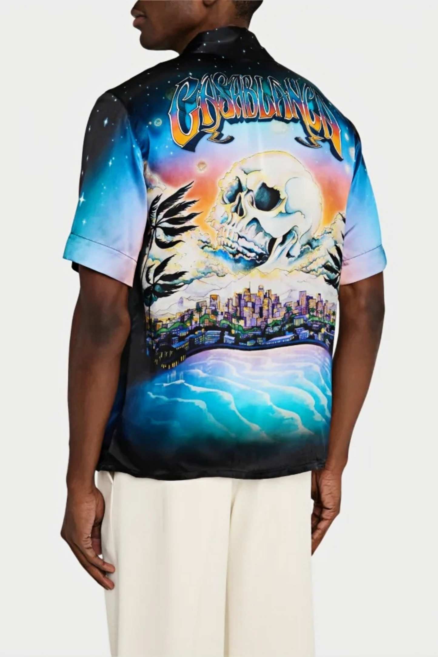 Sam blue skull and cityscape print shirt