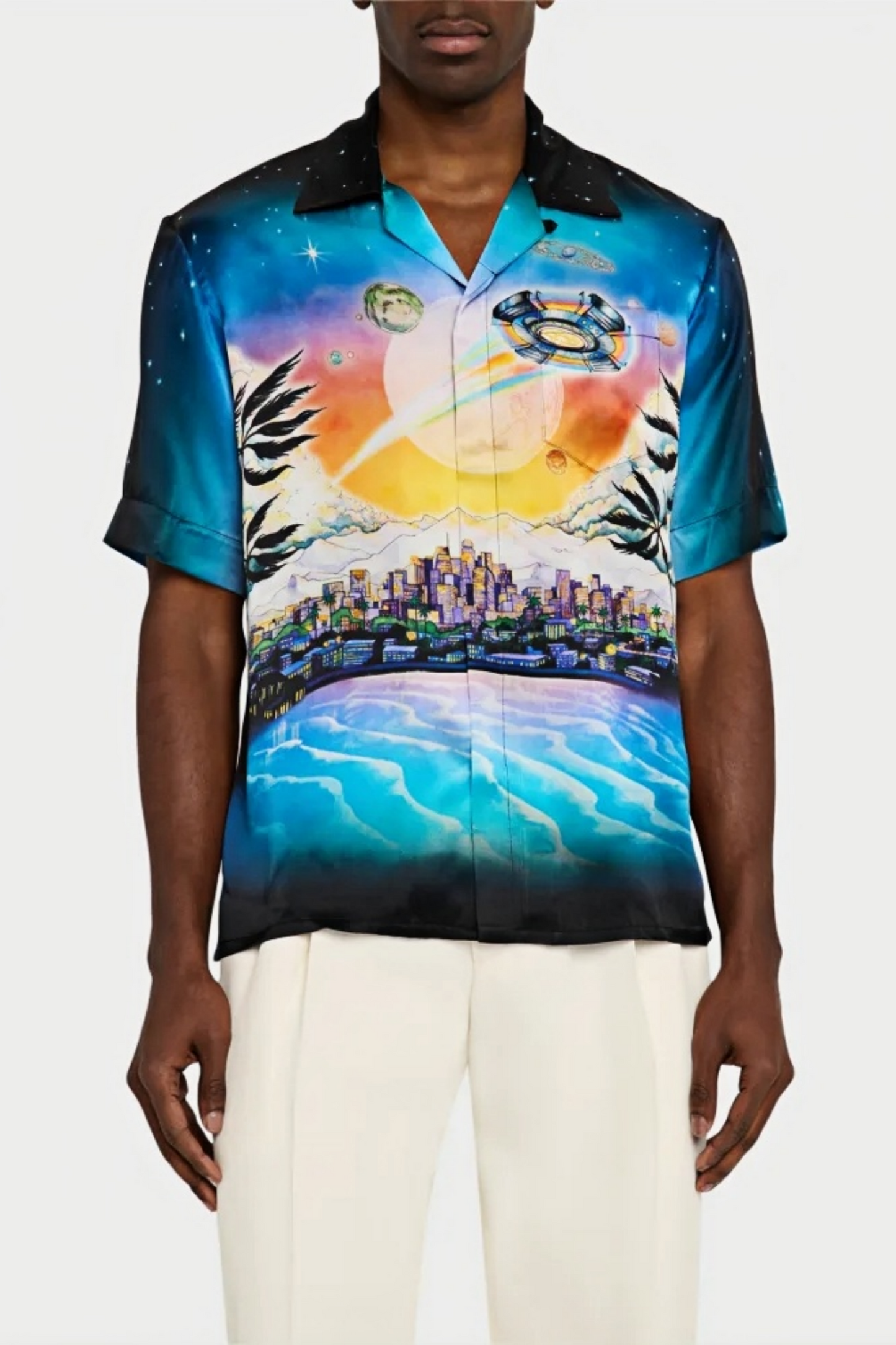 Sam blue skull and cityscape print shirt